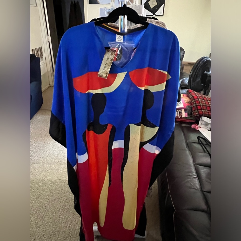 Ace Fashion Blue, Black, Red and Cream Design Dress with Attached Scarf